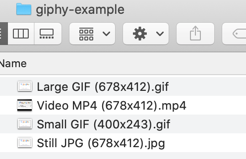Folder structure if one exports the file as a "batch" format, containing four files of GIF, MP4, and JPG formats.